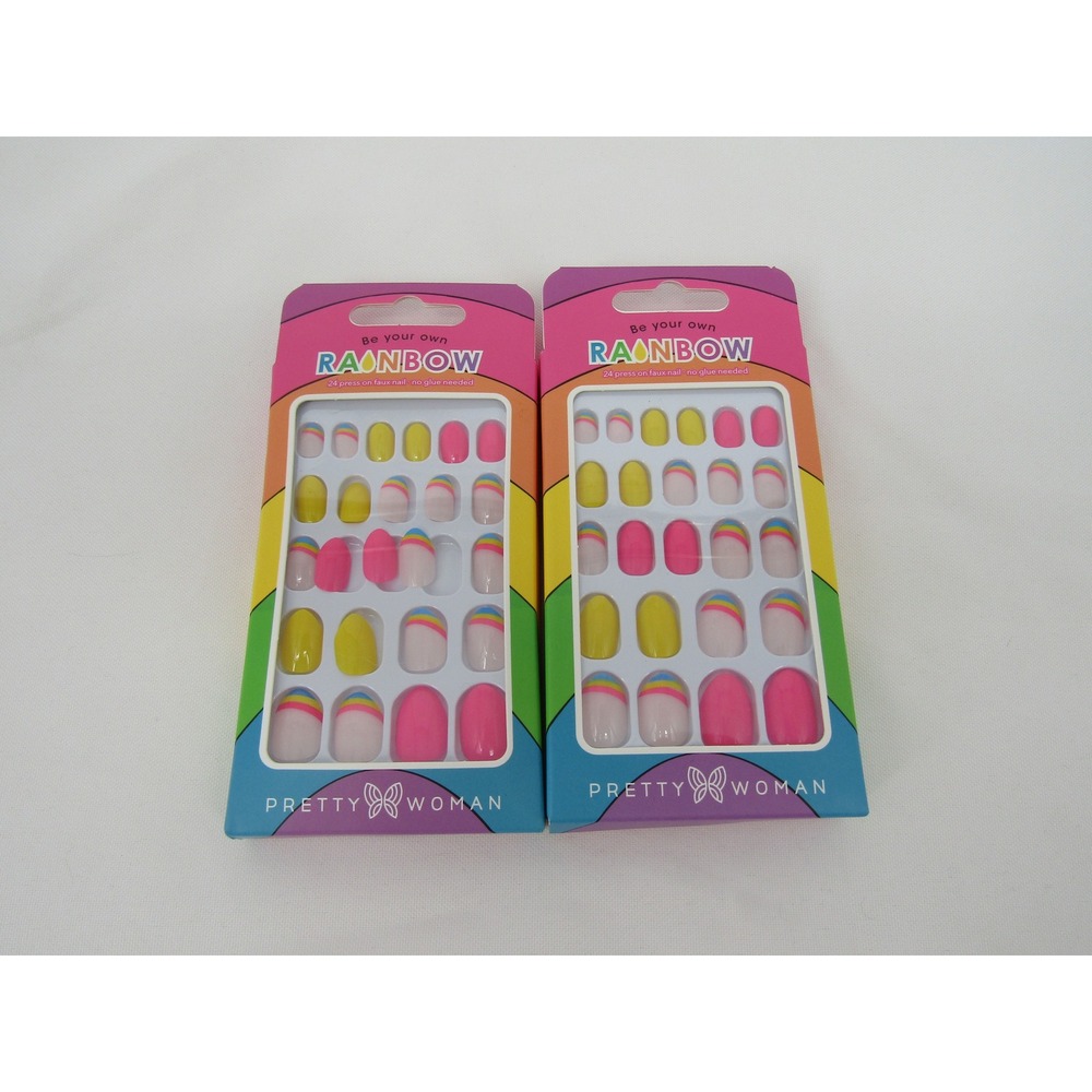 Pretty Woman Press On Faux Nails Pink Yellow Rainbow 24ct Set of 2 Acrylic